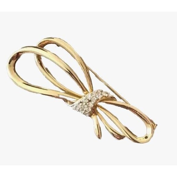 Vintage 14K Yellow & Diamond Ribbon Bow Pin Brooch 9.8 grams 2 1/2" L X 1 1/8" H - Picture 5 of 16